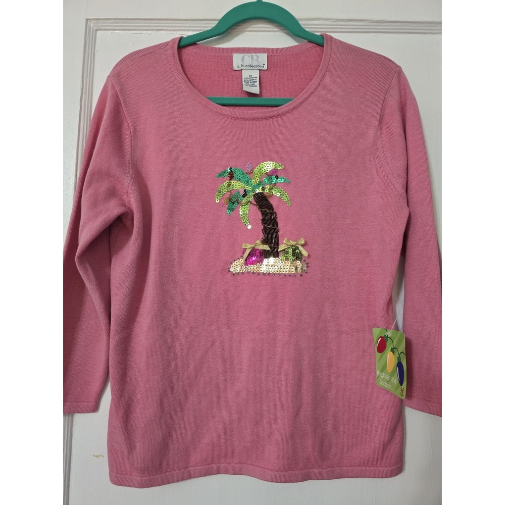 CB Collections Pink Beaded Tropical Christmas Sweater Size Medium‎ Palm Tree